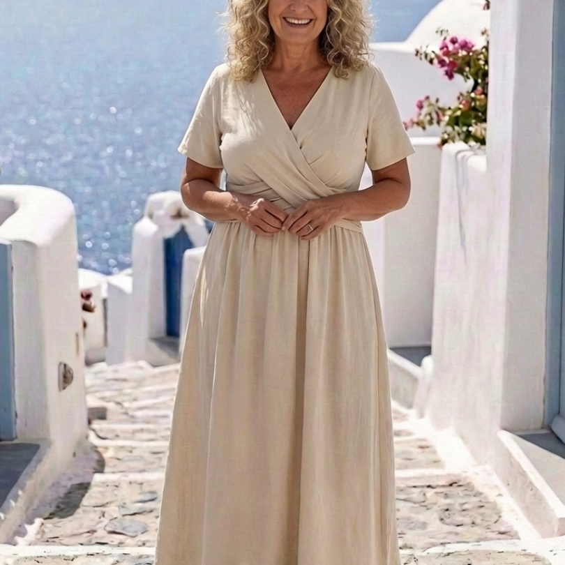 Sage | V Neck Short Sleeve Wrap Waist Midi Dress