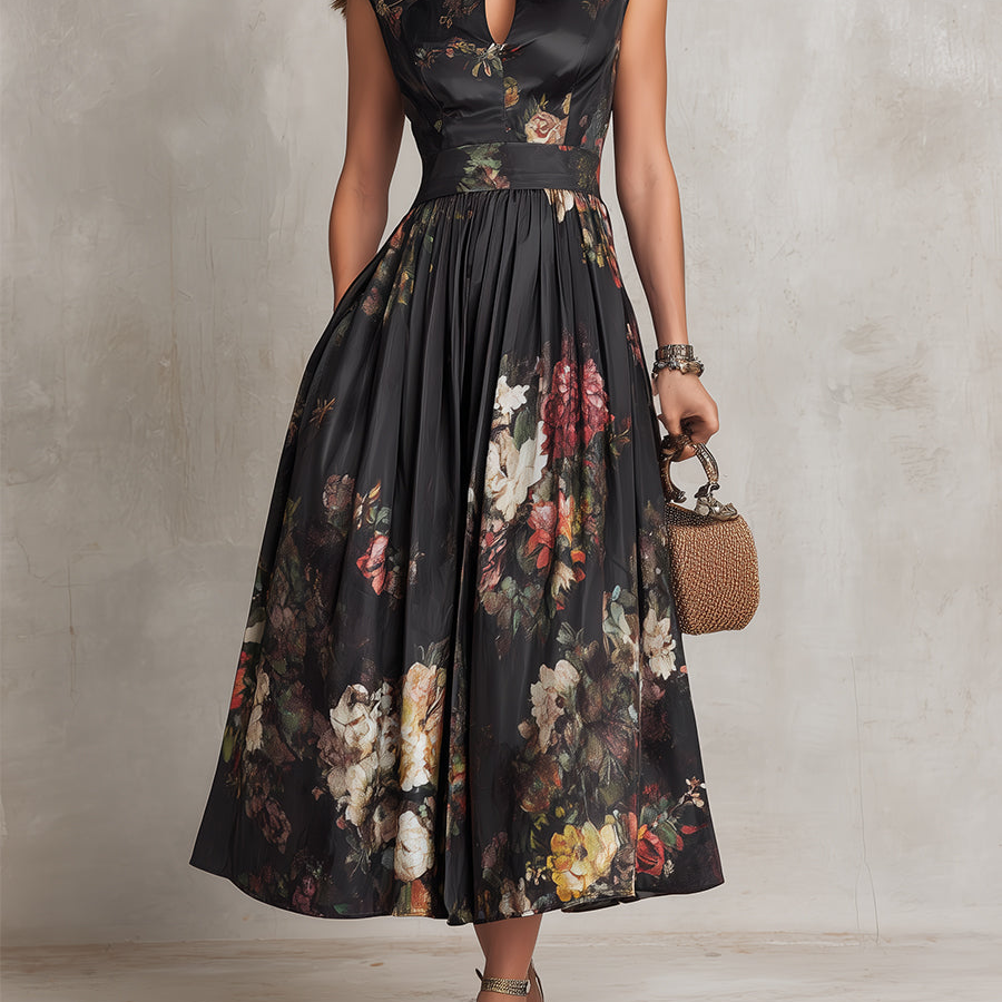 Rosie - Black Keyhole Collar Floral Pleated Satin Midi Dress