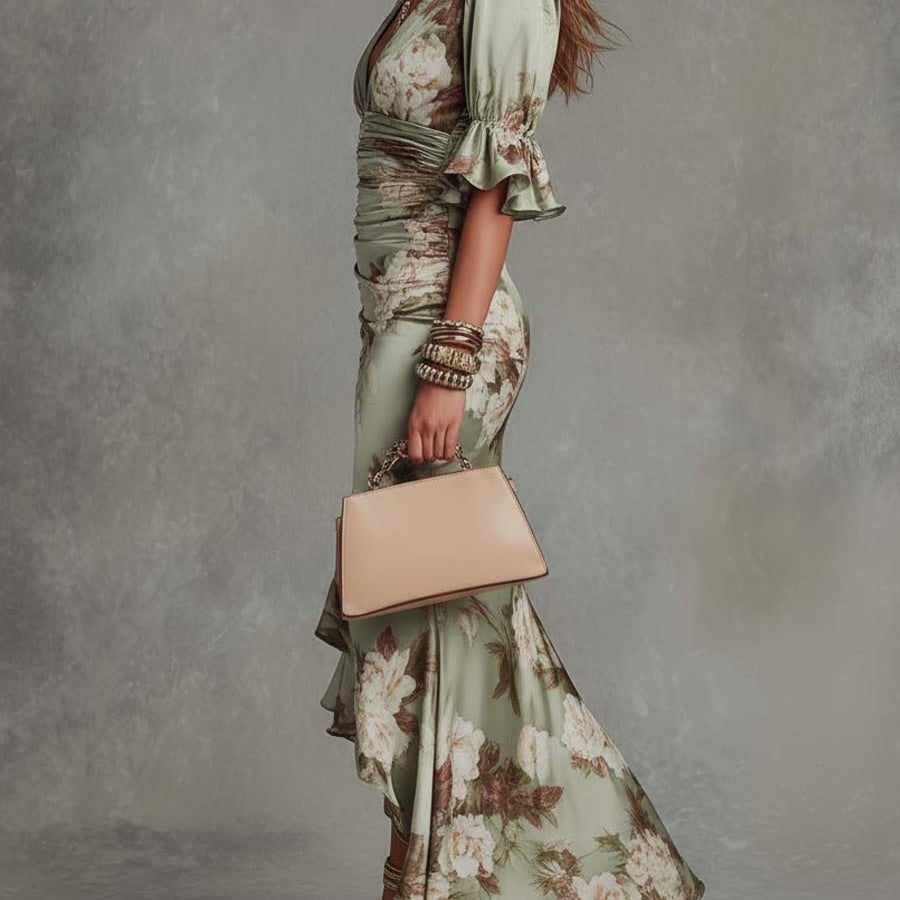 Anastasia | Asymmetrical Long Green Satin Dress