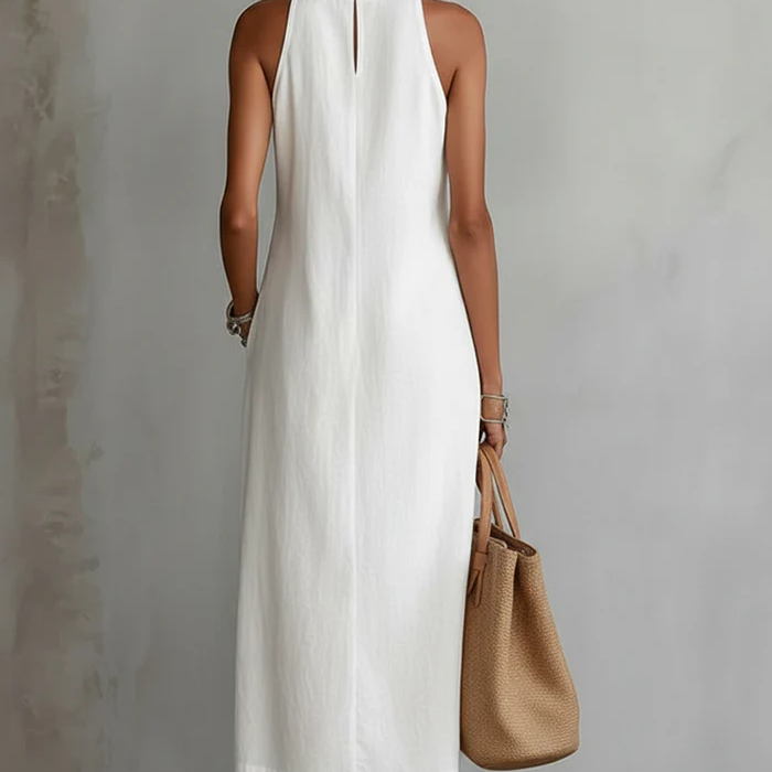 Millie | Midi Linen Dress with Mandarin Collar